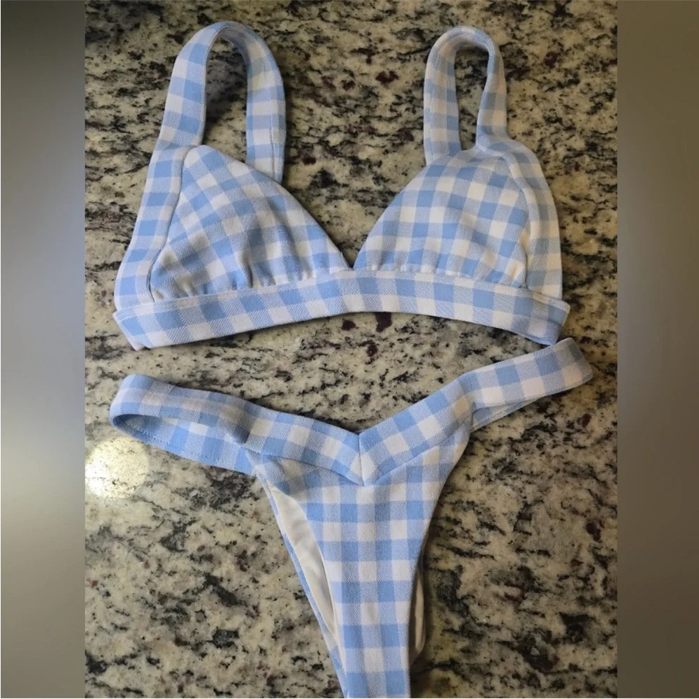 Frankie's Bikinis Sky Blue and White Checkered Set. Top-Medium Bottoms-xs